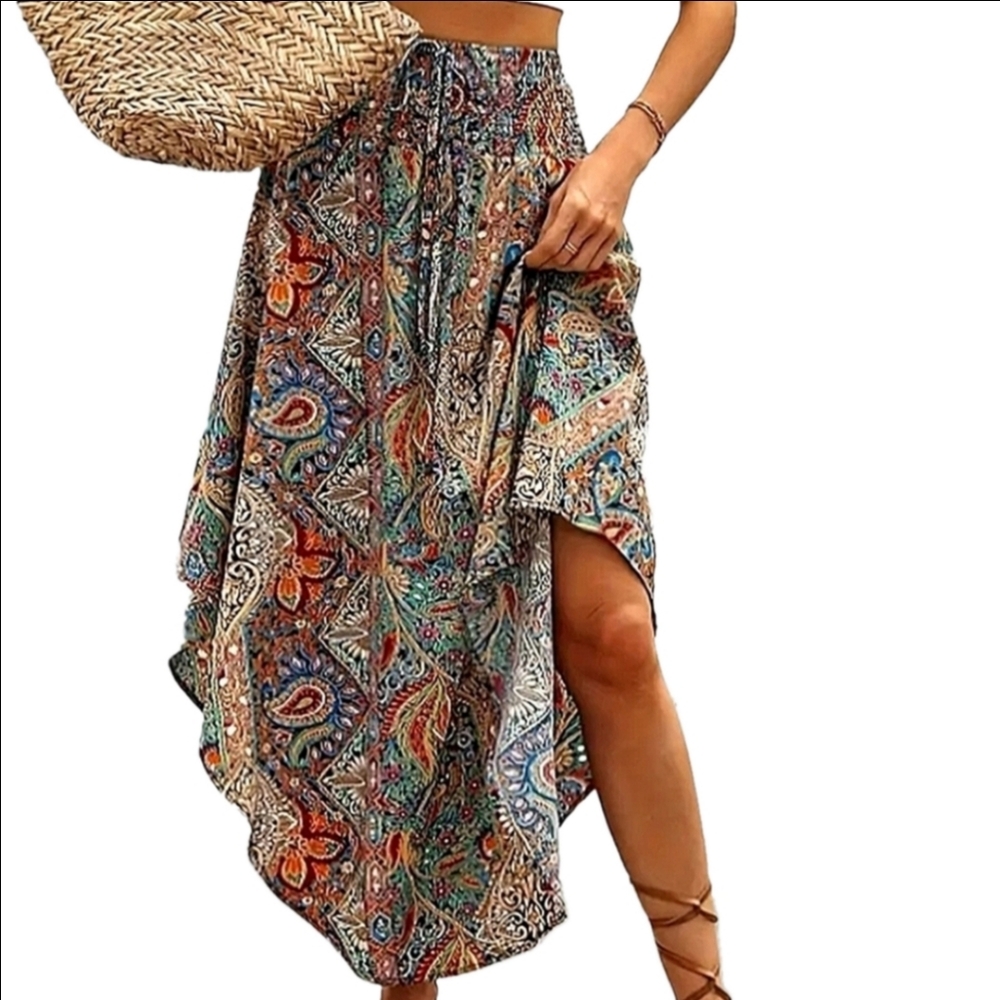 Boho Maxi Skirt Bohemian High Waist long Paisley Skirts Plus Size S M L XL XXL